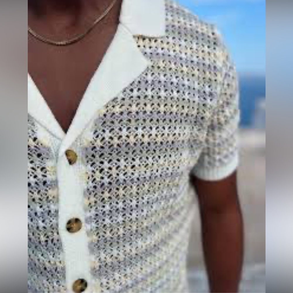 Mens White Open-Knit Short Sleeve Shirt with Collar